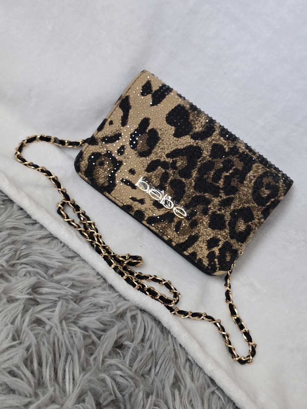 NWOT bebe Leopard Rhinestone Chain Crossbody Bag